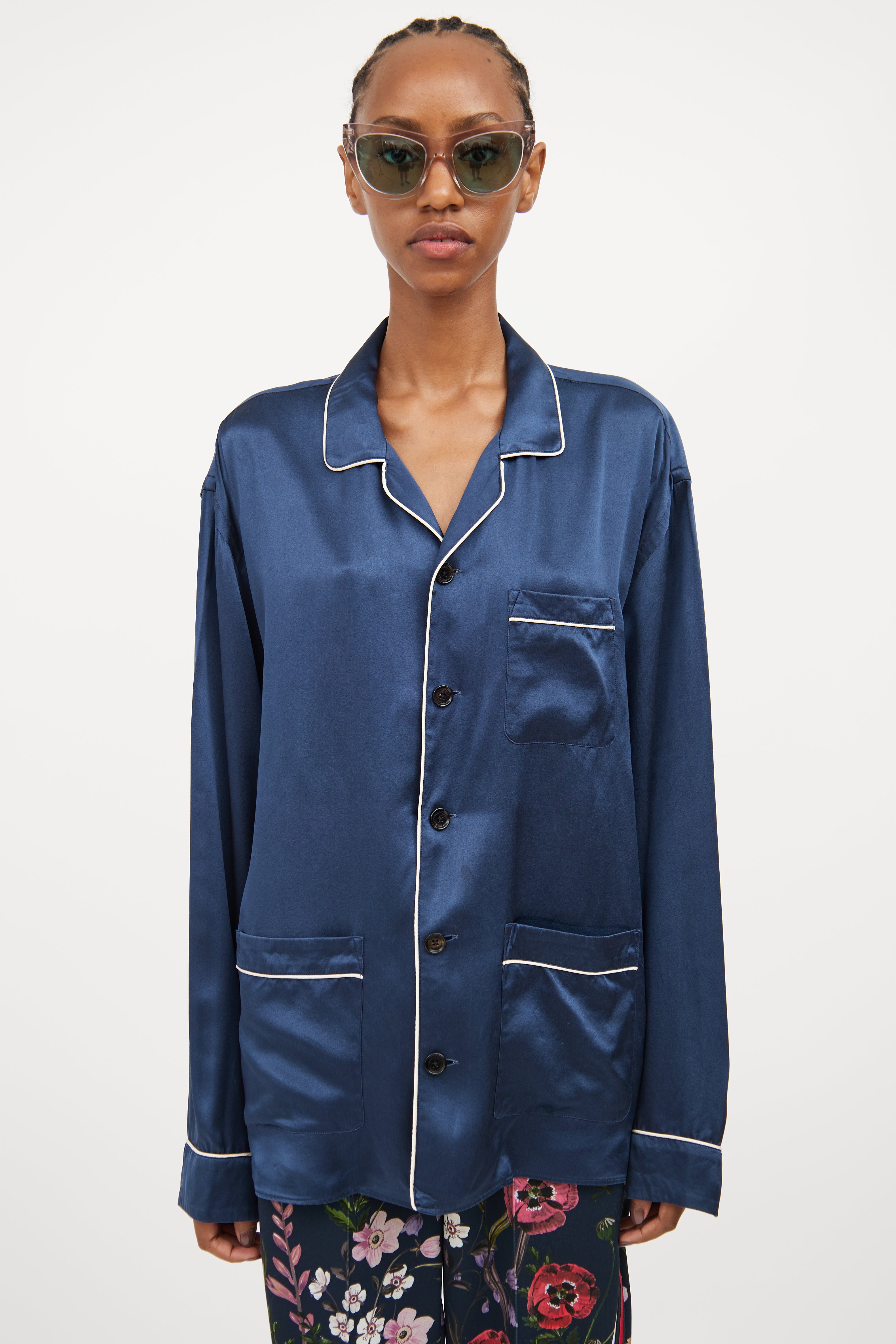 Burberry Blue & White Satin Button Down Top