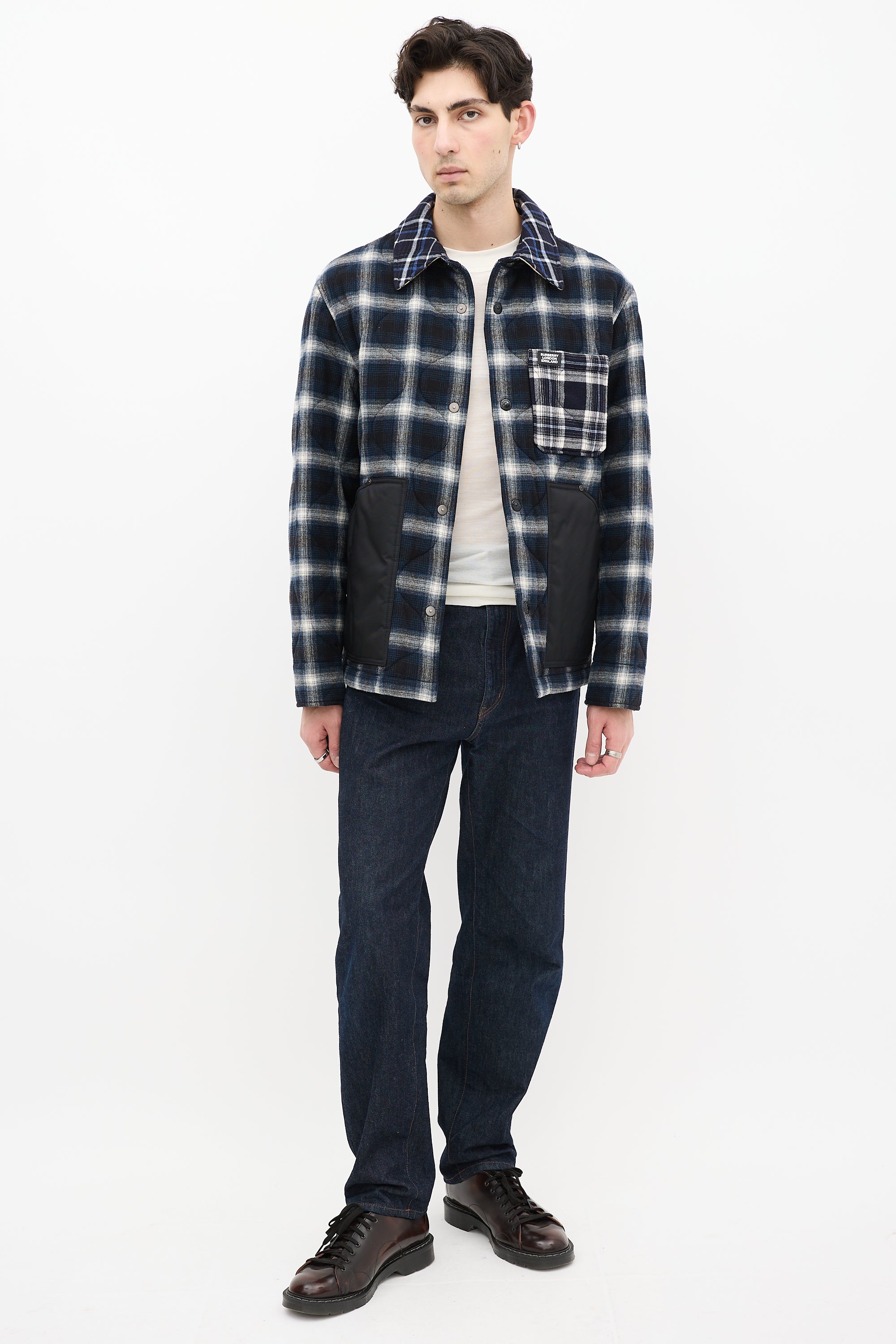 Burberry Blue & White Wool Quilted Plaid  Jacket