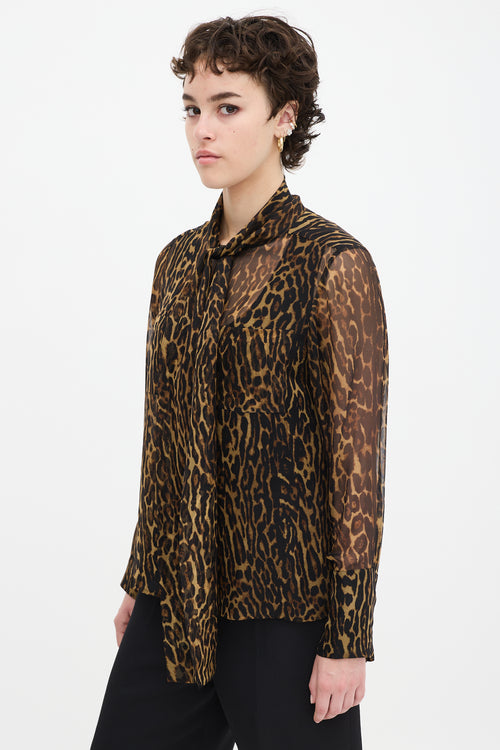 Burberry Brown & Black Silk Printed Tie Neck Shirt