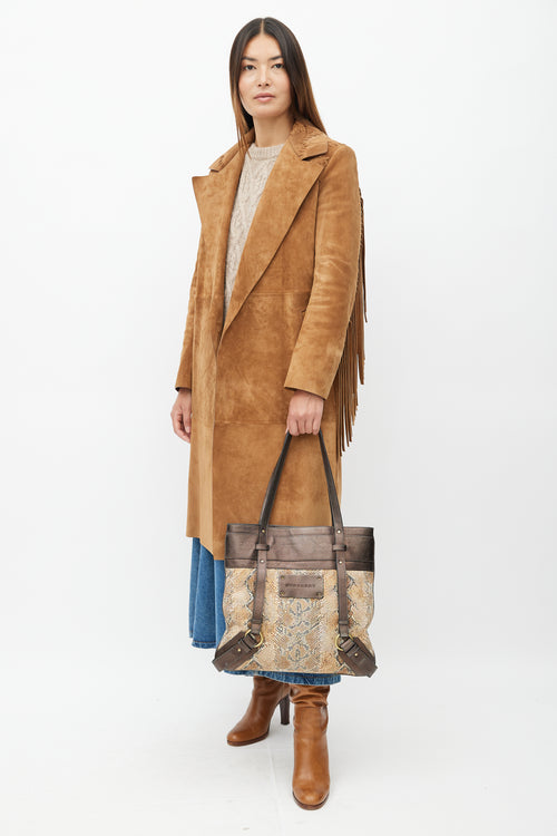 Burberry Brown Leather & Print Tote Bag