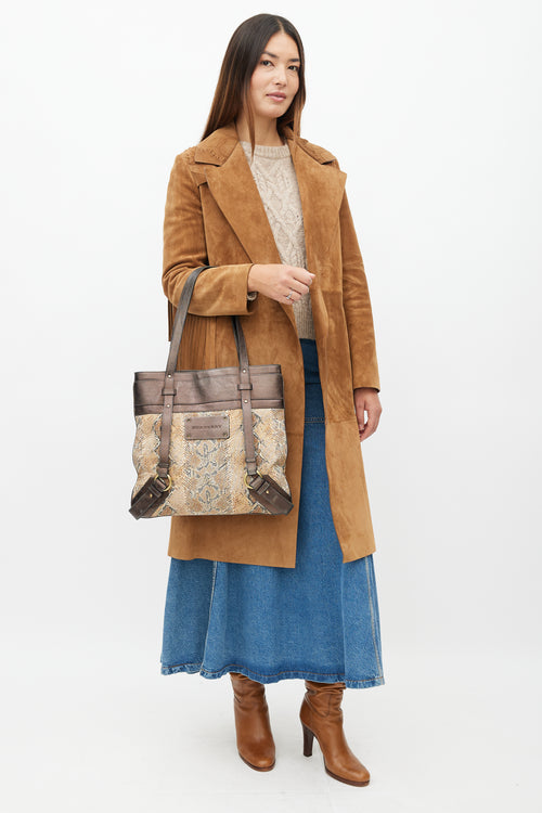Burberry Brown Leather & Print Tote Bag