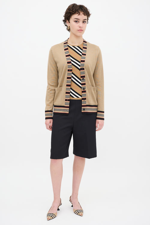 Burberry Brown & Multicolour Wool Striped Trim Cardigan