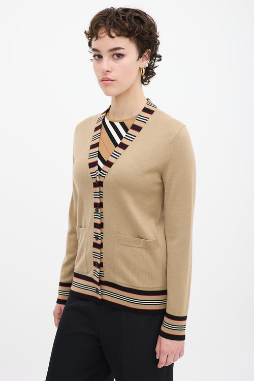 Burberry Brown & Multicolour Wool Striped Trim Cardigan