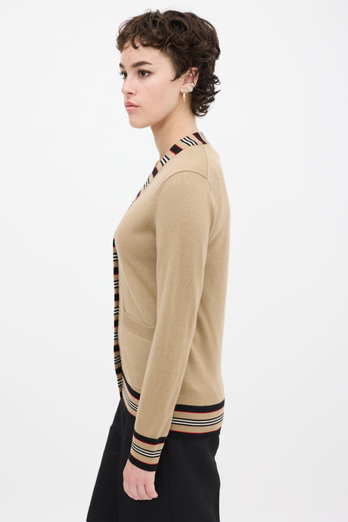 Burberry Brown & Multicolour Wool Striped Trim Cardigan