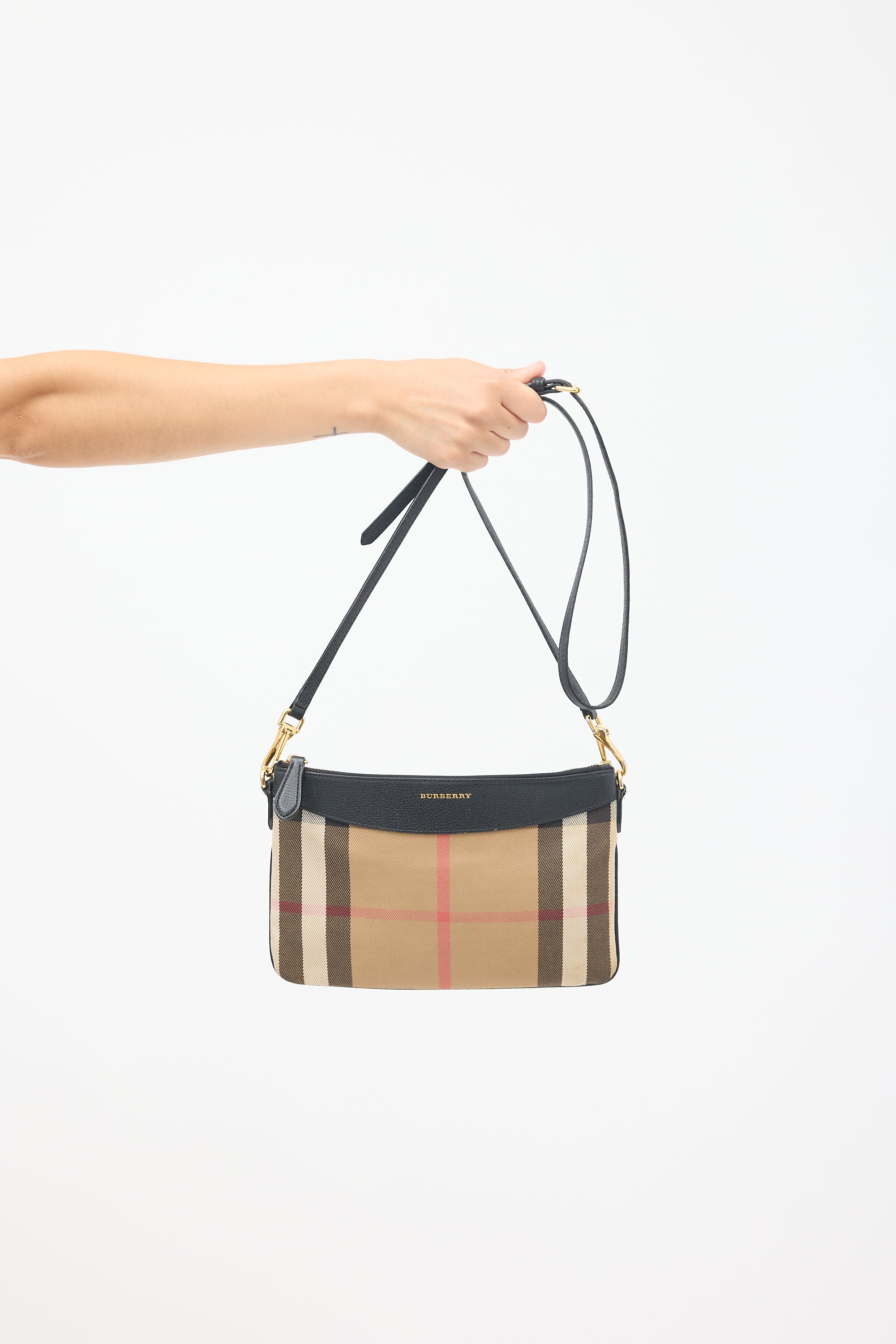 Burberry Brown & Black Canvas & Leather Peyton Nova Check Crossbody Bag