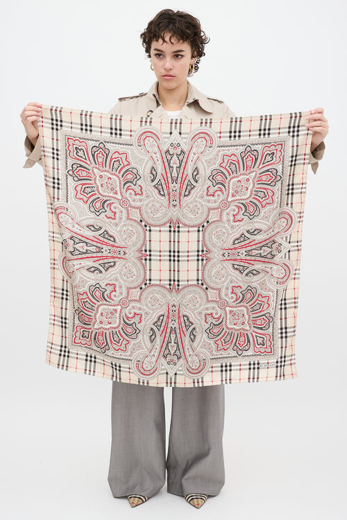 Burberry Cream & Multicolour Silk Paisley & Nova Check Scarf