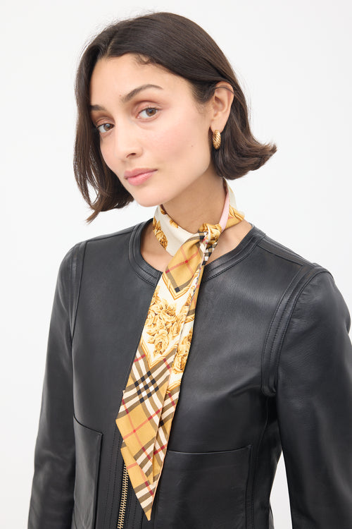 Burberry Gold & Pink Silk Reversible Printed Nova Check Skinny Scarf