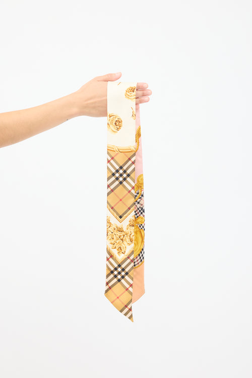 Burberry Gold & Pink Silk Reversible Printed Nova Check Skinny Scarf