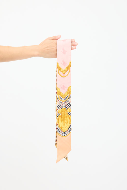 Burberry Gold & Pink Silk Reversible Printed Nova Check Skinny Scarf