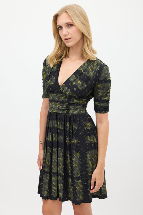 Burberry Green & Navy Printed Gathered Dress