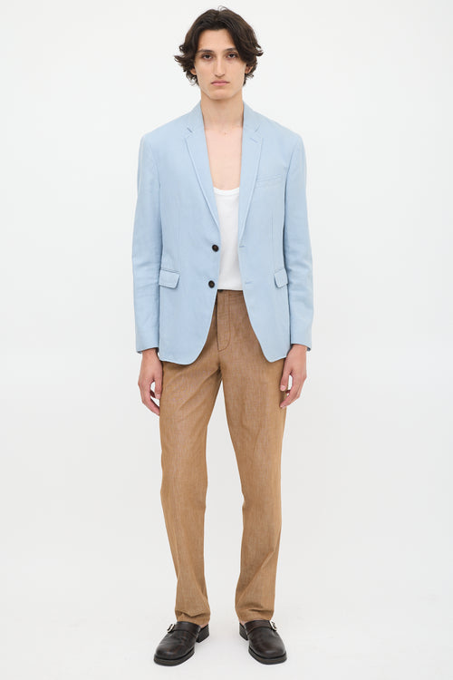 Burberry Light Blue Cotton & Linen Single Breasted Blazer