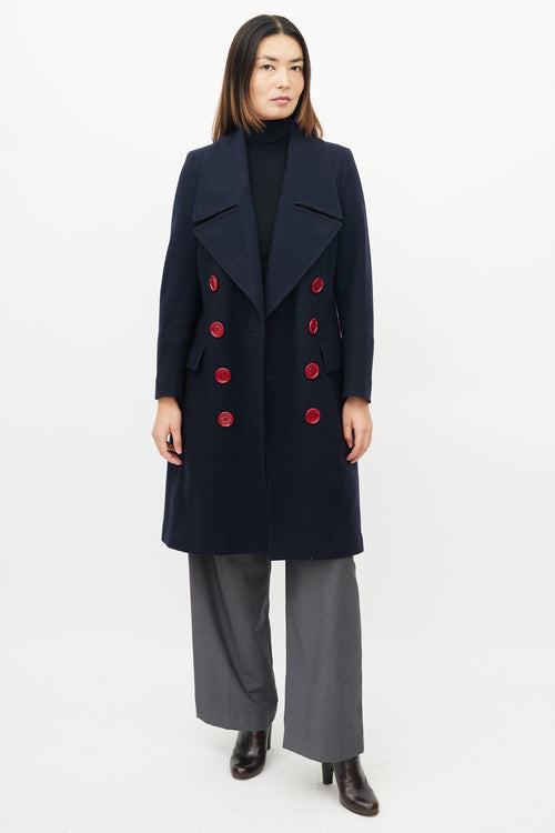 Burberry Navy & Red Wool Double Breasted Coat