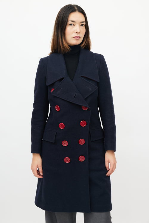 Burberry Navy & Red Wool Double Breasted Coat