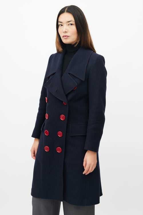 Burberry Navy & Red Wool Double Breasted Coat