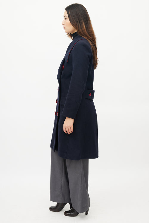 Burberry Navy & Red Wool Double Breasted Coat