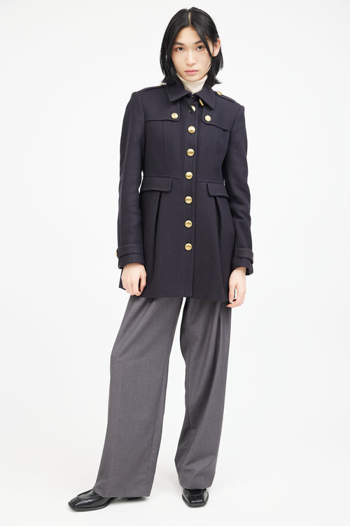 Burberry Navy & Gold Wool Military Coat