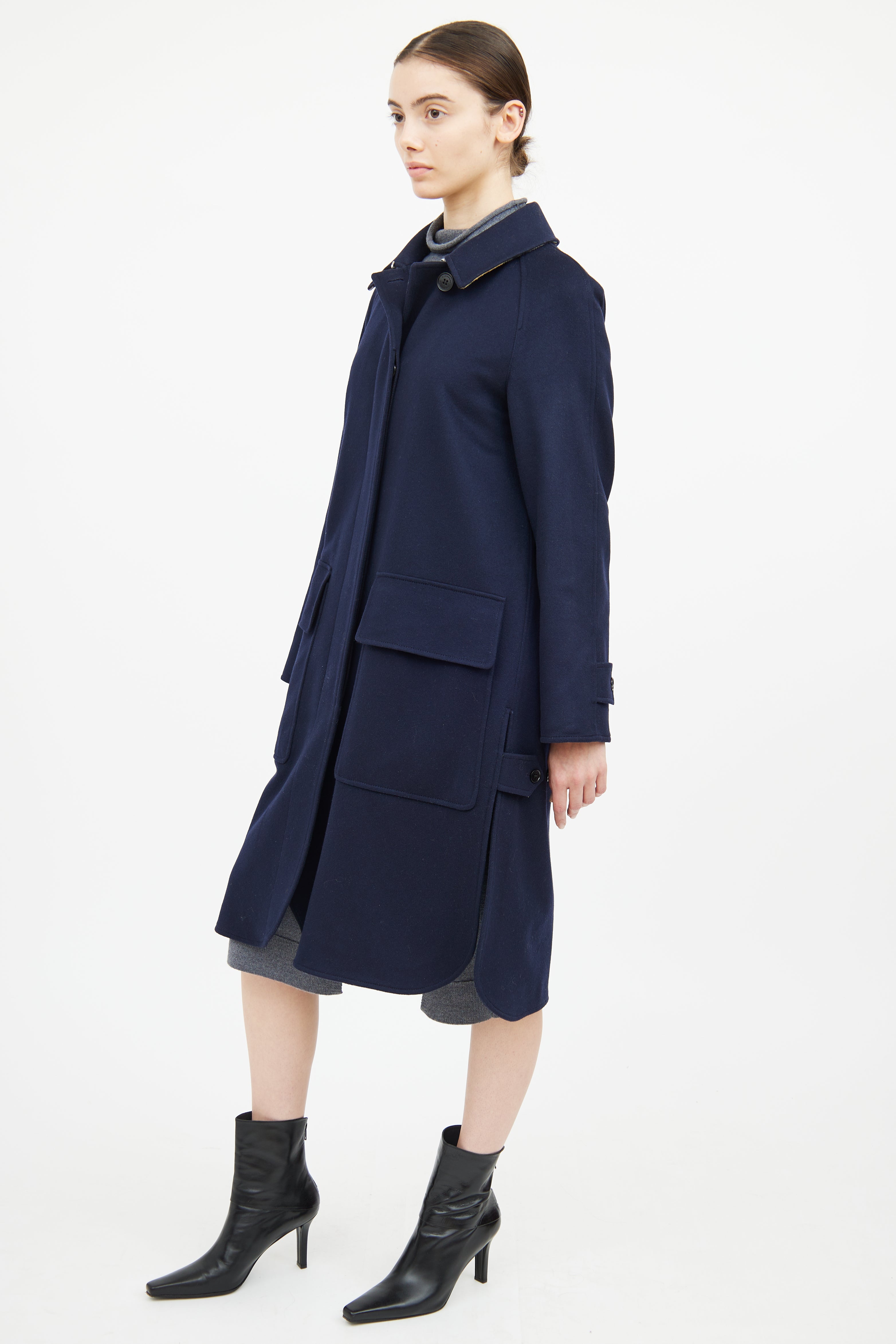 Burberry Navy Cashmere Button Coat