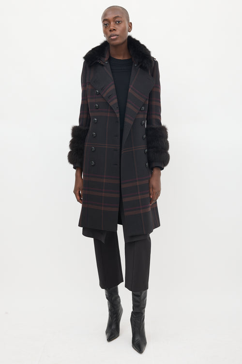 Burberry Purple Wool & Fur Trim Nova Check Coat