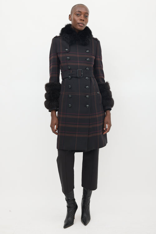 Burberry Purple Wool & Fur Trim Nova Check Coat