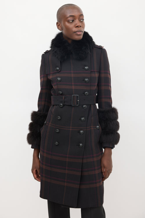 Burberry Purple Wool & Fur Trim Nova Check Coat