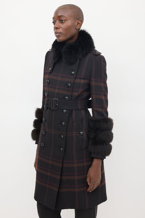 Burberry Purple Wool & Fur Trim Nova Check Coat