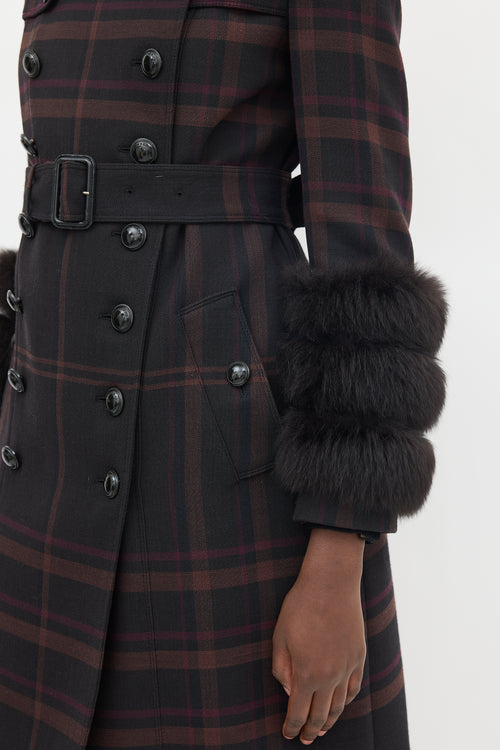 Burberry Purple Wool & Fur Trim Nova Check Coat