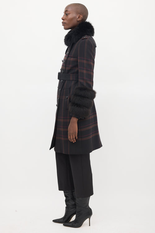 Burberry Purple Wool & Fur Trim Nova Check Coat