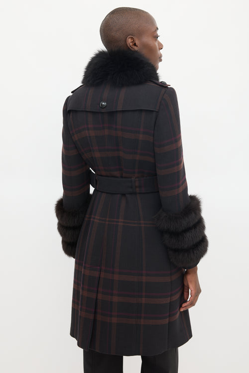 Burberry Purple Wool & Fur Trim Nova Check Coat