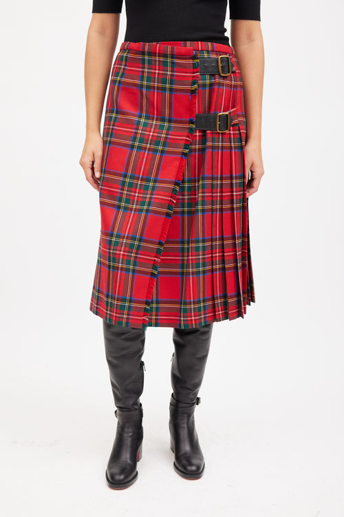Burberry Red & Multicolour Wool Pleated Plaid Skirt