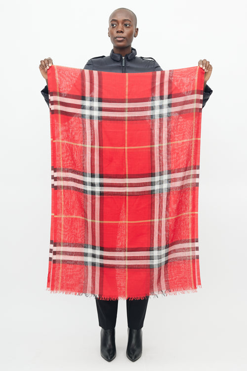Burberry Red Semi Sheer Check Scarf