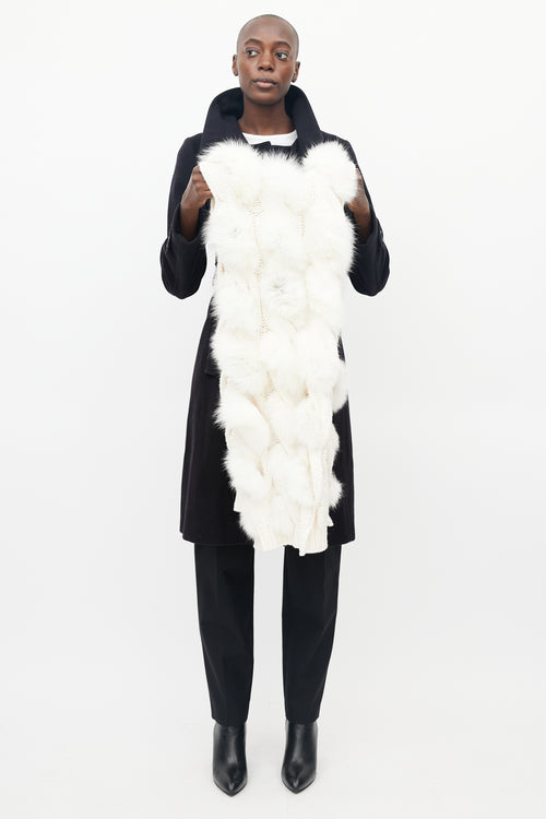 Burberry White Cashmere & Fur Ball Scarf