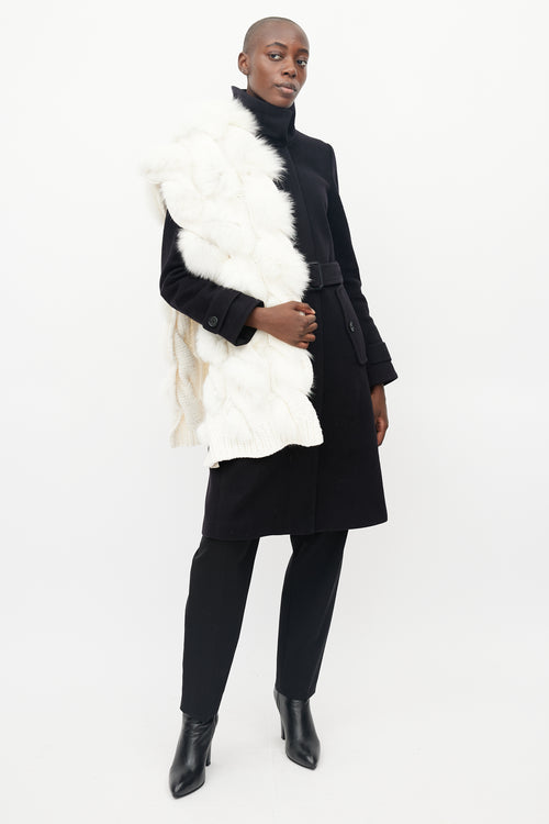 Burberry White Cashmere & Fur Ball Scarf