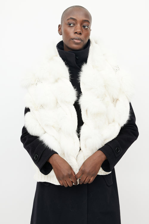 Burberry White Cashmere & Fur Ball Scarf