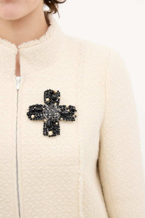 Chanel Fall 2005 Silver & Black Stone CC Cross Brooch