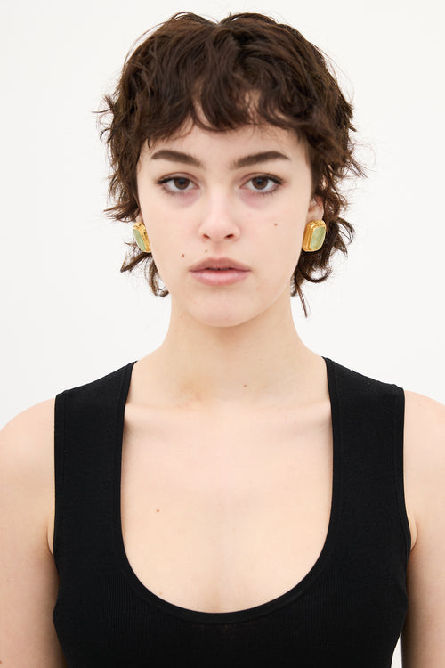 Chanel Vintage Gold & Green Gripoix Logo Clip On Earrings