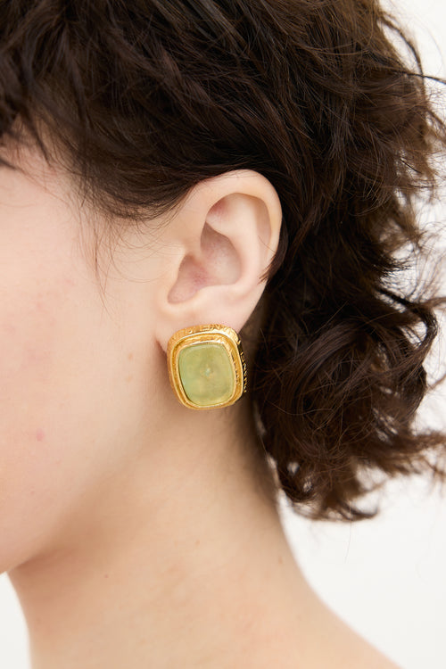 Chanel Vintage Gold & Green Gripoix Logo Clip On Earrings