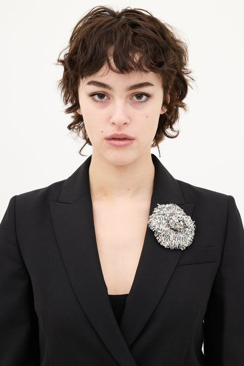 Chanel White & Multi Tweed Camellia Brooch
