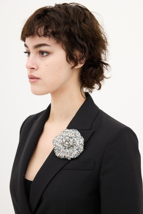 Chanel White & Multi Tweed Camellia Brooch
