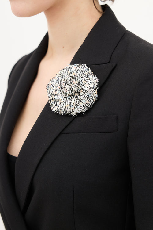Chanel White & Multi Tweed Camellia Brooch