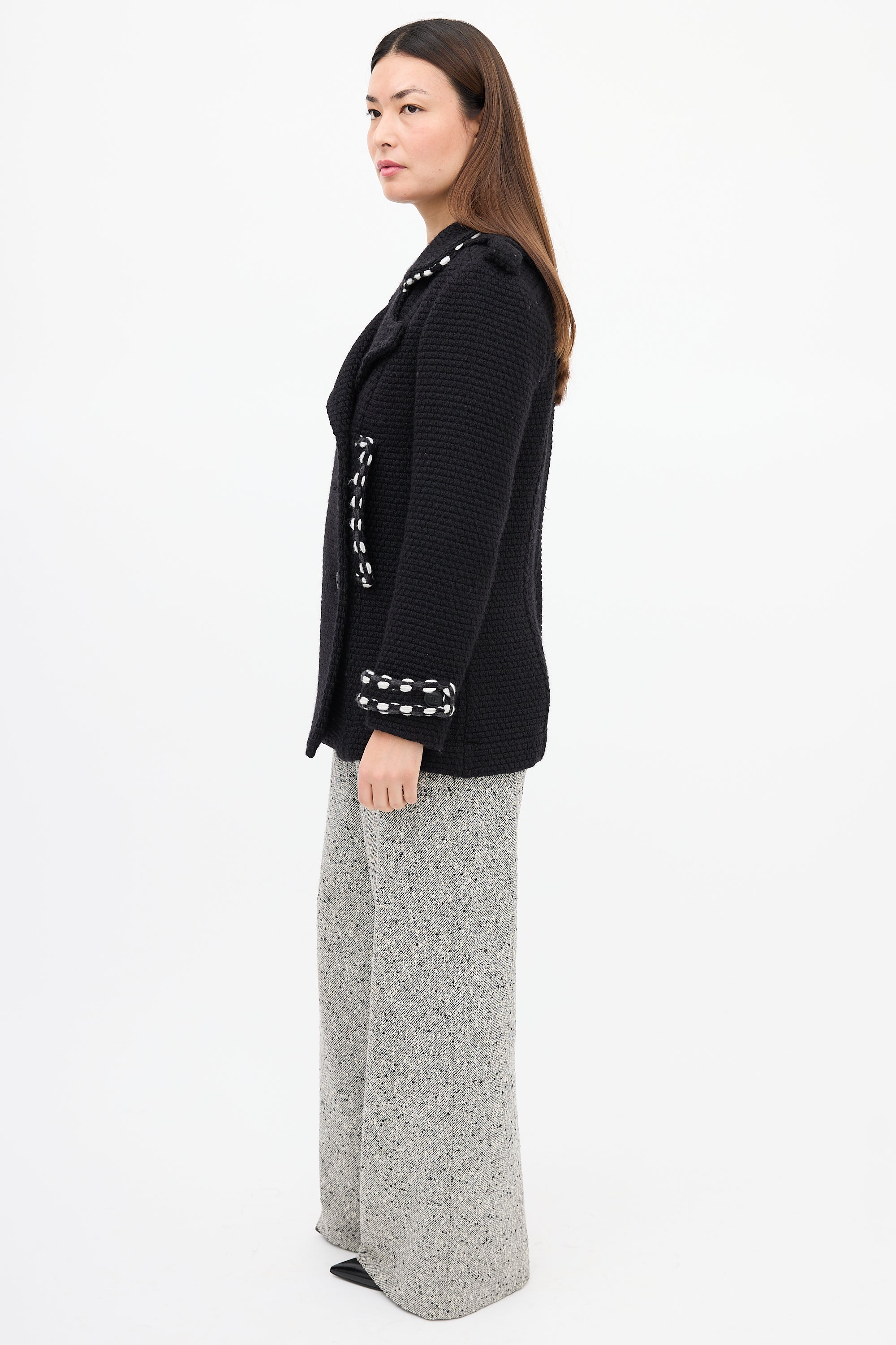 Chanel Black Wool Woven Pea Coat