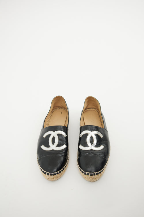 Chanel Black & Silver Leather CC Logo Espadrille