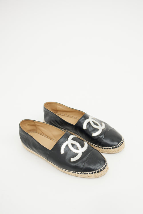 Chanel Black & Silver Leather CC Logo Espadrille