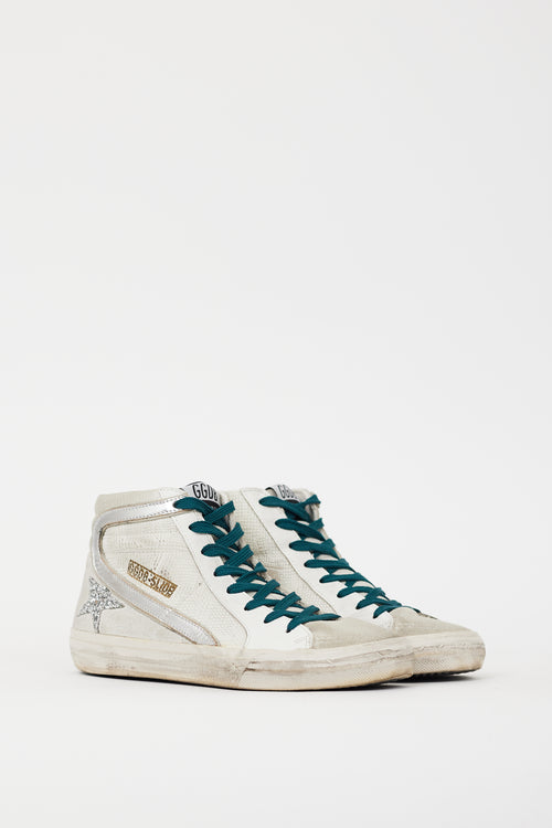 Golden Goose White & Silver Leather Slide Glitter Sneaker