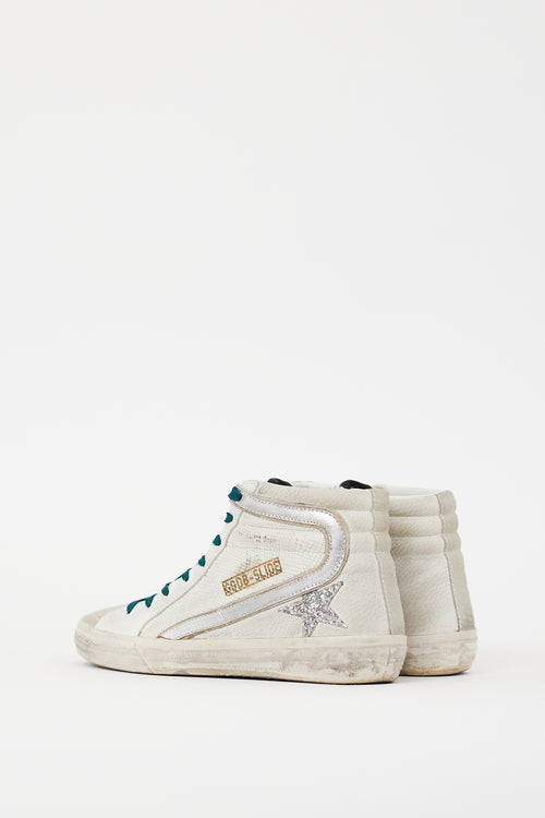 Golden Goose White & Silver Leather Slide Glitter Sneaker