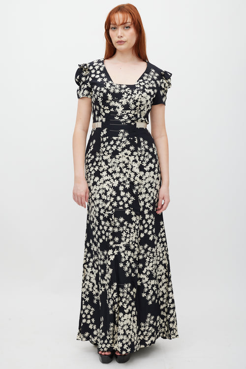 Carolina Herrera Black & Cream Silk Floral Pleated Dress