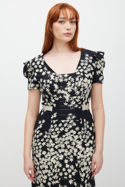 Carolina Herrera Black & Cream Silk Floral Pleated Dress