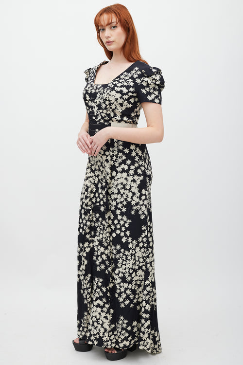 Carolina Herrera Black & Cream Silk Floral Pleated Dress