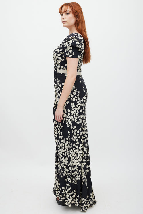 Carolina Herrera Black & Cream Silk Floral Pleated Dress