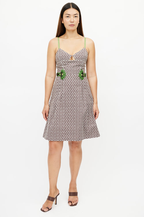 Carolina Herrera Brown & Green Print Embellished Dress