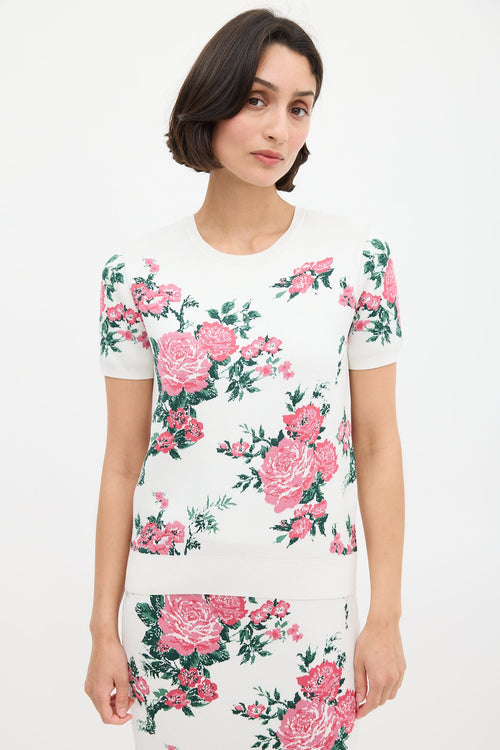 Carolina Herrera White & Pink Silk Floral Skirt Set